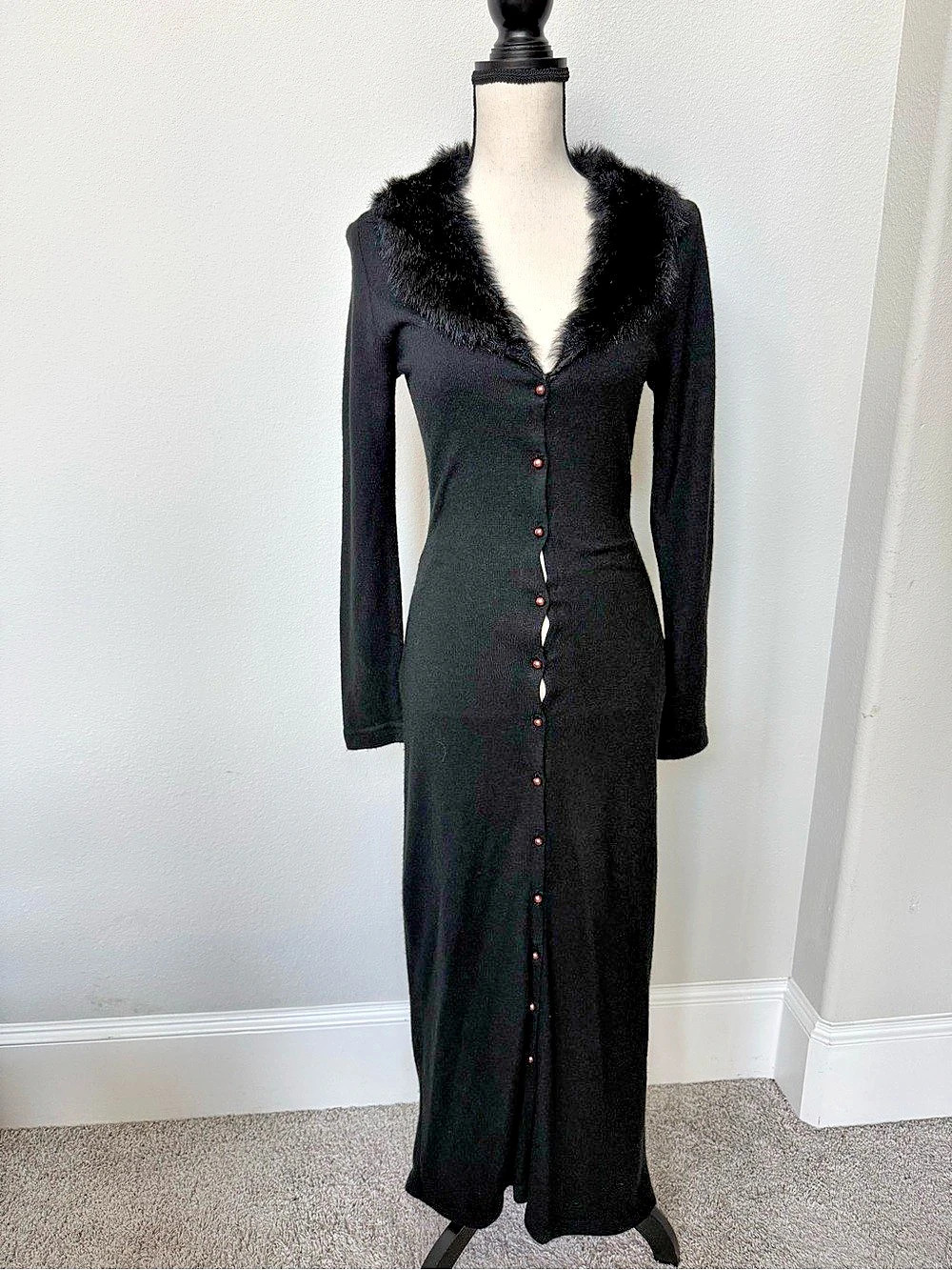 Madhouse Melissa McElrath Vintage Black Faux-Fur Collar Maxi Dress Size Medium
